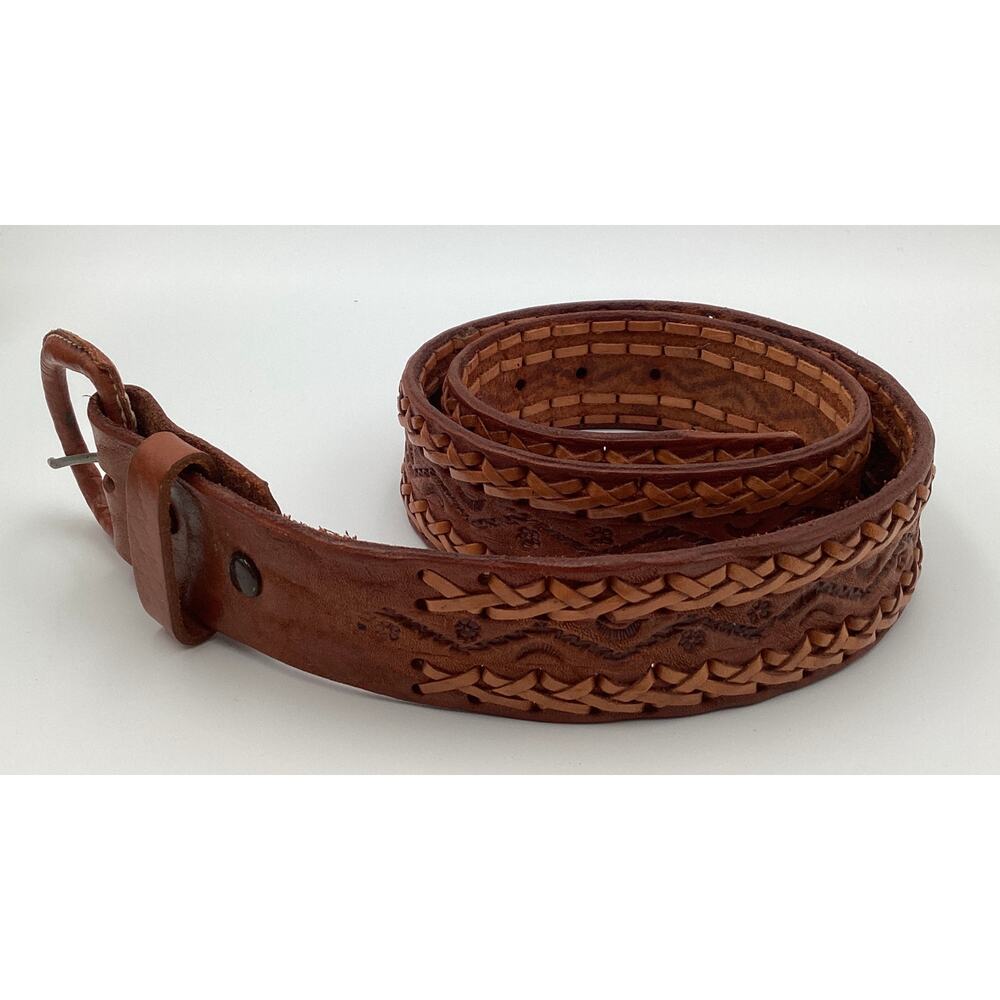Handcrafted Tooled Leather Boho Belt – Leather Wrapped Buckle – Brown size 36 - Picture 2 of 6